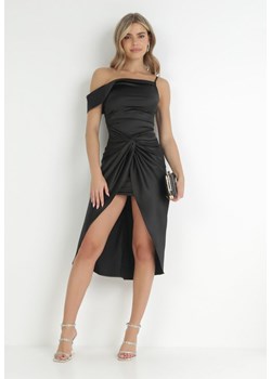 Czarna Sukienka Asymetryczna z Satyny Zdobiona Supełkiem Fano ze sklepu Born2be Odzież w kategorii Sukienki - zdjęcie 172031326