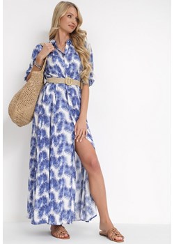 Niebieska Rozkloszowana Sukienka Maxi z Plecionym Paskiem i Wsuwanymi Kieszeniami Suttyn ze sklepu Born2be Odzież w kategorii Sukienki - zdjęcie 172031469