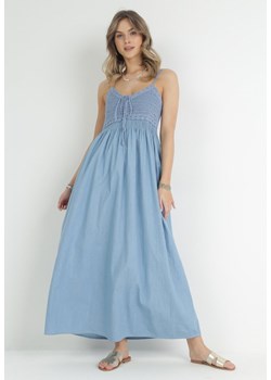 Jasnoniebieska Bawełniana Sukienka Maxi z Szydełkową Górą i Cienkimi Gumkami w Pasie Lemeth ze sklepu Born2be Odzież w kategorii Sukienki - zdjęcie 172031625