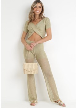 Złote Ażurowe Spodnie z Szerokimi Nogawkami i Sznurkiem w Pasie Delmar ze sklepu Born2be Odzież w kategorii Spodnie damskie - zdjęcie 172032169