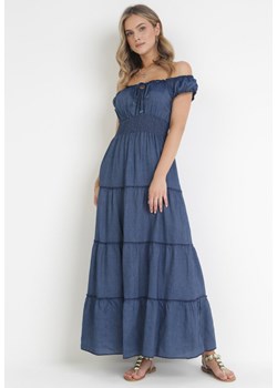 Granatowa Rozkloszowana Sukienka Hiszpanka z Falbankami Armonie ze sklepu Born2be Odzież w kategorii Sukienki - zdjęcie 172032256