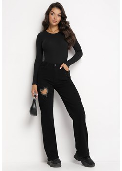 Czarne Szerokie Jeansy z Wycięciem Serca w Cyrkonie Vione ze sklepu Born2be Odzież w kategorii Jeansy damskie - zdjęcie 172032516