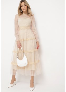 Beżowa Rozkloszowana Sukienka Maxi z Koronką Jorissa ze sklepu Born2be Odzież w kategorii Sukienki - zdjęcie 172032597