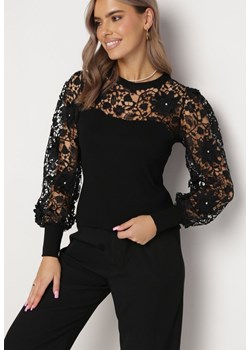Czarna Bluzka z Długim Rękawem i Koronką Brinza ze sklepu Born2be Odzież w kategorii Bluzki damskie - zdjęcie 172032635