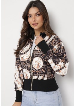 Czarno-Beżowa Zasuwana Bluza Bomberka z Ornamentalnym Wzorem Araslla ze sklepu Born2be Odzież w kategorii Bluzy damskie - zdjęcie 172033015