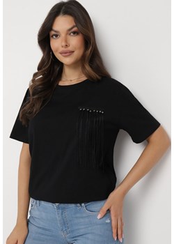Czarny T-shirt Ozdobiony Krótkimi Frędzlami i Koralikami Ralleni ze sklepu Born2be Odzież w kategorii Bluzki damskie - zdjęcie 172033019
