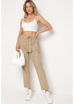 Beżowe Spodnie z Wiązanym Paskiem Paper Bag Biras ze sklepu Born2be Odzież w kategorii Spodnie damskie - zdjęcie 172033075