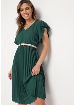 Ciemnozielona Sukienka Rozkloszowana Midi z Plisowanym Dołem Sabara ze sklepu Born2be Odzież w kategorii Sukienki - zdjęcie 172033118