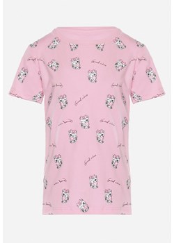 Różowa Koszulka T-shirt z Uroczym Nadrukiem z Elastycznej Bawełny Parieles ze sklepu Born2be Odzież w kategorii Bluzki dziewczęce - zdjęcie 172033156