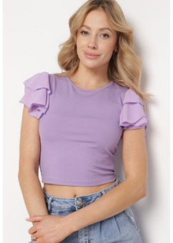 Fioletowy T-shirt Top z Prążkowanej Dzianiny z Ozdobnymi Falbankami przy Rękawach Iloenna ze sklepu Born2be Odzież w kategorii Bluzki damskie - zdjęcie 172033368