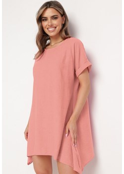Różowa Tunika Sukienka z Krótkim Rękawem i Asymetrycznym Dołem Fianda ze sklepu Born2be Odzież w kategorii Bluzki damskie - zdjęcie 172046627