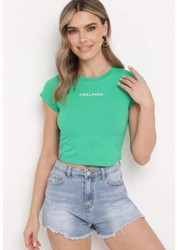 Zielony Dopasowany T-shirt Cropped z Napisem z Pzodu Yaloena ze sklepu Born2be Odzież w kategorii Bluzki damskie - zdjęcie 172046655