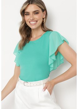 Zielona Bawełniana Bluzka Ozdobiona Falbankami przy Rękawach Fuliana ze sklepu Born2be Odzież w kategorii Bluzki damskie - zdjęcie 172046676