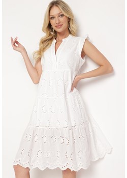 Biała Bawełniana Sukienka o Ażurowym Wykończeniu z Falbanką Ebirea ze sklepu Born2be Odzież w kategorii Sukienki - zdjęcie 172046907