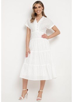 Biała Bawełniana Sukienka o Ażurowym Wykończeniu z Krótkim Rękawem Zapinana na Guziki Kataria ze sklepu Born2be Odzież w kategorii Sukienki - zdjęcie 172046956