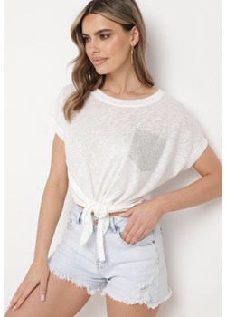 Biały Klasyczny T-shirt  Wiązany na Dole z Cyrkoniami Efigga ze sklepu Born2be Odzież w kategorii Bluzki damskie - zdjęcie 172047278