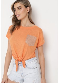Pomarańczowy Klasyczny T-shirt  Wiązany na Dole z Cyrkoniami Efigga ze sklepu Born2be Odzież w kategorii Bluzki damskie - zdjęcie 172047285