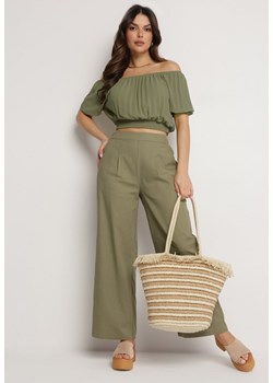 Zielone Szerokie Spodnie z Gumką w Talii z Lnem Araniells ze sklepu Born2be Odzież w kategorii Spodnie damskie - zdjęcie 172050995