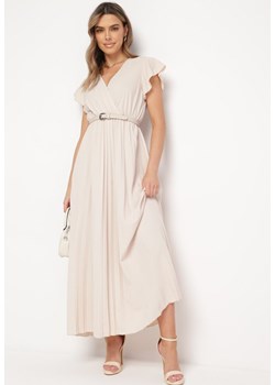 Beżowa Sukienka Maxi Plisowana z Kopertową Górą Rozkloszowany Fason Anelea ze sklepu Born2be Odzież w kategorii Sukienki - zdjęcie 172050997