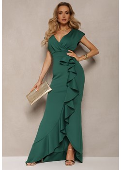 Zielona Elegancka Sukienka Długa o Asymetrycznym Fasonie z Dekoltem w V i Falbaną Efimea ze sklepu Renee odzież w kategorii Sukienki - zdjęcie 172051787