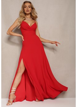 Czerwona Elegancka Sukienka o Rozkloszowanym Kroju z Rozcięciem na Ramiączkach z Kopertowym Dekoltem Winelia ze sklepu Renee odzież w kategorii Sukienki - zdjęcie 172051797