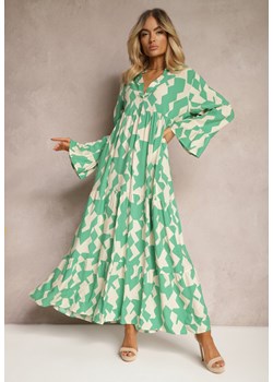 Zielona Wiskozowa Sukienka o Rozkloszowanym Kroju z Rozszerzanymi Rękawami Tesakate ze sklepu Renee odzież w kategorii Sukienki - zdjęcie 172051829