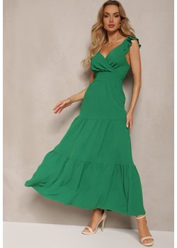 Zielona Sukienka z Kopertowym Dekoltem na Ramiączkach z Gumką w Pasie i Falbankami Ebiviana ze sklepu Renee odzież w kategorii Sukienki - zdjęcie 172051919