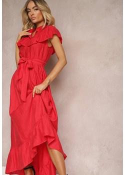 Czerwona Sukienka z Materiałowym Paskiem i Wiskozą Wykończona Guzikami i Falbanką Hanesi ze sklepu Renee odzież w kategorii Sukienki - zdjęcie 172051959