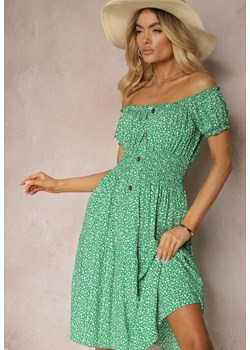 Zielona Kwiecista Sukienka z Bawełny z Gumkami w Pasie Herata ze sklepu Renee odzież w kategorii Sukienki - zdjęcie 172052126