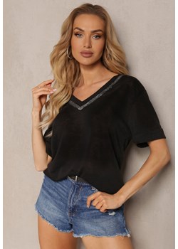 Czarna Koszulka T-shirt z Brokatem przy Dekolcie Hersana ze sklepu Renee odzież w kategorii Bluzki damskie - zdjęcie 172052278