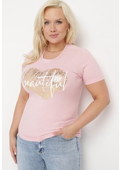 Różowy Bawełniany T-shirt z Krótkim Rękawem Ozdobiony Nadrukiem i Cyrkoniami Ozelia ze sklepu Born2be Odzież w kategorii Bluzki damskie - zdjęcie 172055648