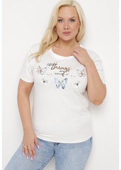 Biały Bawełniany T-shirt Koszulka z Krótkim Rękawem z Nadrukiem i Cyrkoniami Qumara ze sklepu Born2be Odzież w kategorii Bluzki damskie - zdjęcie 172055868