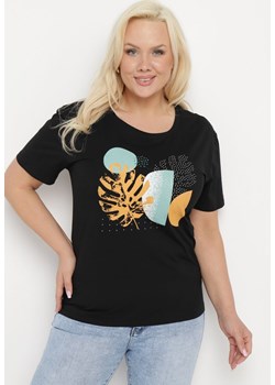 Czarny Bawełniany T-shirt z Nadrukiem i Cyrkoniami Tiimauni ze sklepu Born2be Odzież w kategorii Bluzki damskie - zdjęcie 172055885