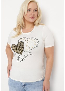 Biały Bawełniany T-shirt Koszulka z Krótkim Rękawem Zdobiona Nadrukiem i Cyrkoniami Corila ze sklepu Born2be Odzież w kategorii Bluzki damskie - zdjęcie 172056108