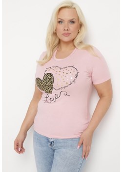 Różowy Bawełniany T-shirt Koszulka z Krótkim Rękawem Zdobiona Nadrukiem i Cyrkoniami Corila ze sklepu Born2be Odzież w kategorii Bluzki damskie - zdjęcie 172056118