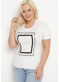 Biały Bawełniany T-shirt Koszulka z Krótkim Rękawem Ozdobiona Nadrukiem i Cyrkoniami Codara ze sklepu Born2be Odzież w kategorii Bluzki damskie - zdjęcie 172056128
