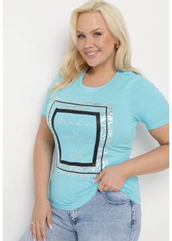 Jasnoniebieski Bawełniany T-shirt Koszulka z Krótkim Rękawem Ozdobiona Nadrukiem i Cyrkoniami Codara ze sklepu Born2be Odzież w kategorii Bluzki damskie - zdjęcie 172056135