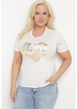 Biały T-shirt z Bawełny Ozdobiony Metalicznym Nadrukiem i Cyrkoniami przy Dekolcie Zanesti ze sklepu Born2be Odzież w kategorii Bluzki damskie - zdjęcie 172056145
