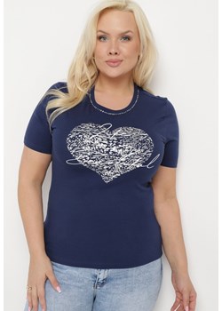 Granatowy T-shirt Bawełniany z Krótkim Rękawem i Metalicznym Nadrukiem oraz Cyrkoniami Sanesti ze sklepu Born2be Odzież w kategorii Bluzki damskie - zdjęcie 172056155