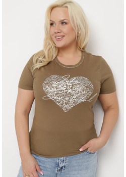 Ciemnozielony T-shirt Bawełniany z Krótkim Rękawem i Metalicznym Nadrukiem oraz Cyrkoniami Sanesti ze sklepu Born2be Odzież w kategorii Bluzki damskie - zdjęcie 172056165