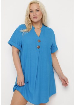 Niebieska Sukienka z Lnem Pudełkowa z Krótkim Rękawem i Guzikami Effienu ze sklepu Born2be Odzież w kategorii Sukienki - zdjęcie 172056206