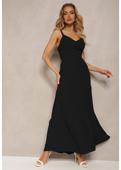 Czarna Sukienka na Ramiączkach z Regulacją z Gumką w Talii i Falbanką Faviara ze sklepu Renee odzież w kategorii Sukienki - zdjęcie 172056677
