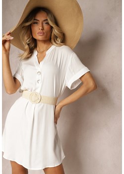 Biała Sukienka z Bawełny z Krótkim Rękawem i Ozdobnymi Guzikami Quenissa ze sklepu Renee odzież w kategorii Sukienki - zdjęcie 172056717