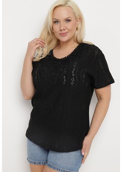 Czarny T-shirt Bluzka z Ażurowym Wzorem i Koronką Civina ze sklepu Born2be Odzież w kategorii Bluzki damskie - zdjęcie 172059026
