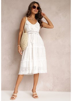 Biała Rozkloszowana Sukienka Midi z Koronką i Ozdobnym Wiązaniem Skaria ze sklepu Renee odzież w kategorii Sukienki - zdjęcie 172074658