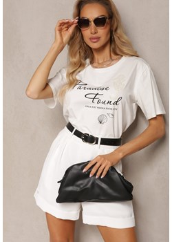Biały Casualowy T-shirt z Bawełny z Nadrukiem i Perełkami Biolexa ze sklepu Renee odzież w kategorii Bluzki damskie - zdjęcie 172074815