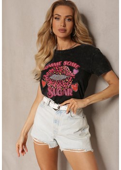 Czarny T-shirt z Bawełny z Nadrukiem i Cyrkoniami oraz Efektem Przetarcia Efithe ze sklepu Renee odzież w kategorii Bluzki damskie - zdjęcie 172074855