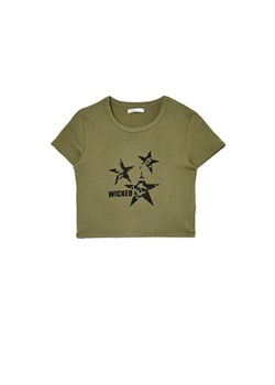 Cropp - Oliwkowy t-shirt z nadrukiem - zielony ze sklepu Cropp w kategorii Bluzki damskie - zdjęcie 172080649