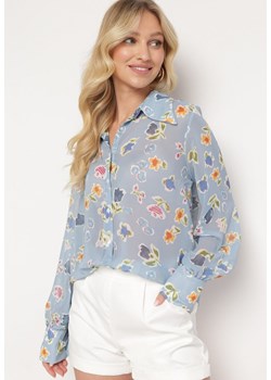 Niebieska Koszula z Transparentnej Tkaniny w Kwiaty Brumelia ze sklepu Born2be Odzież w kategorii Koszule damskie - zdjęcie 172083749