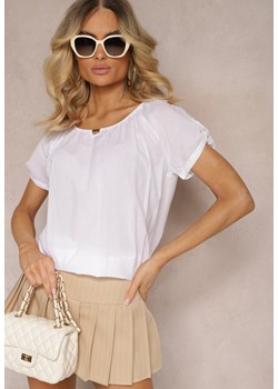 Biały T-shirt z Bawełny Obszyty Gumką z Ozdobą przy Dekolcie Ebilira ze sklepu Renee odzież w kategorii Bluzki damskie - zdjęcie 172089936